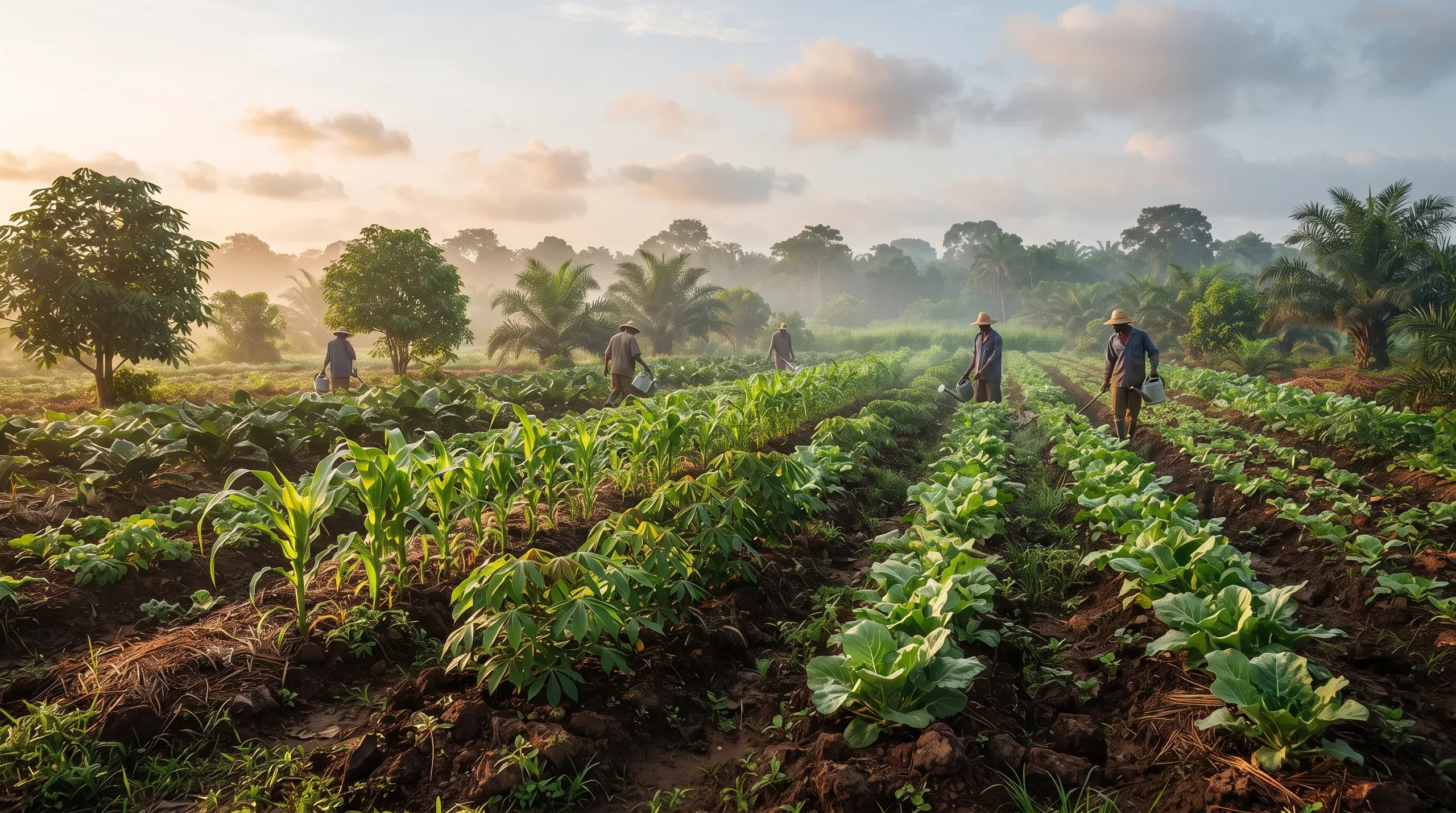 Rows of young maize and cassava in red soil at dawn, with five farm workers tending the crops among palms and trees.