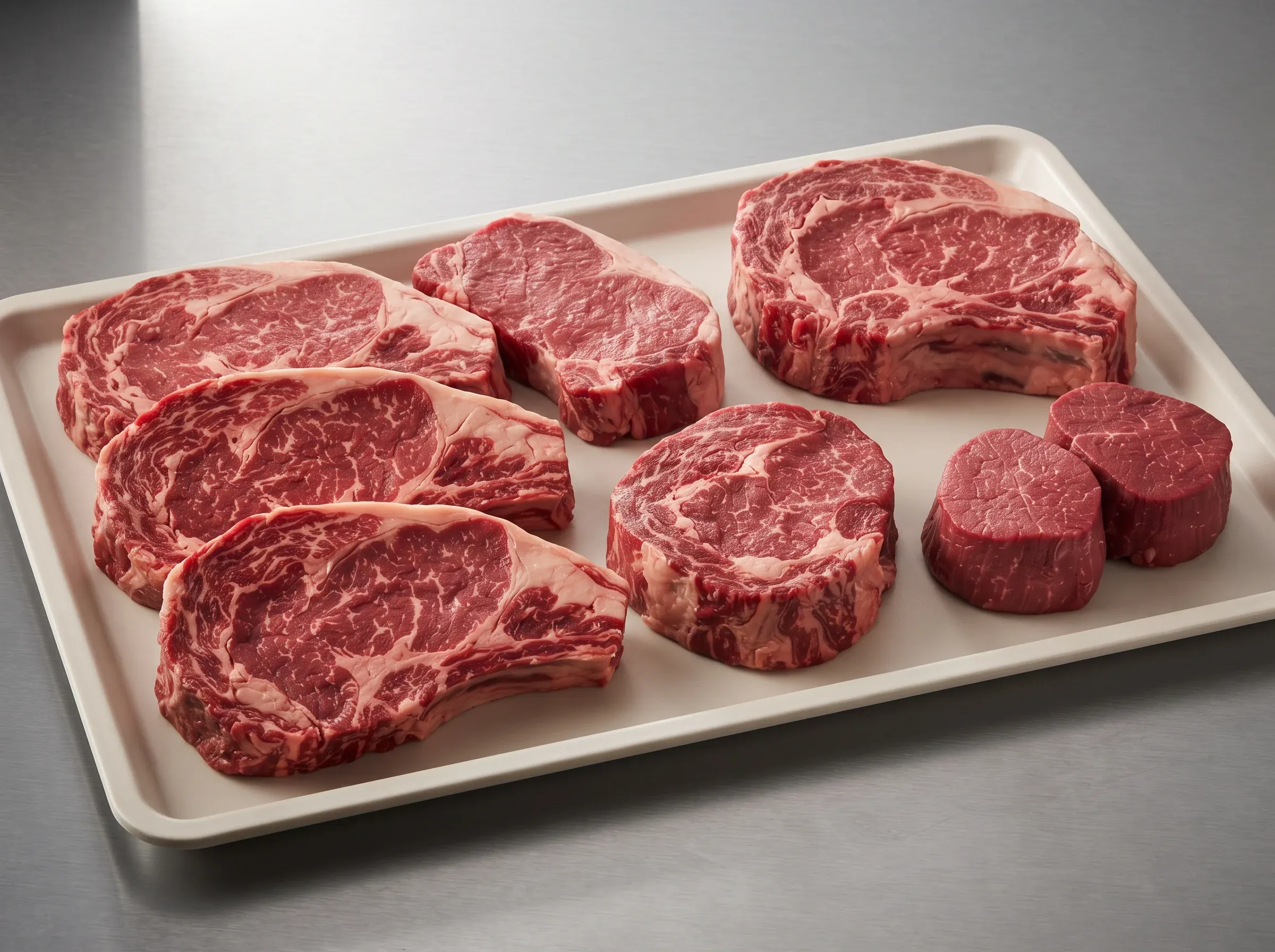 Marbled beef steaks — ribeye, sirloin and fillet — on a cream tray on a stainless counter.