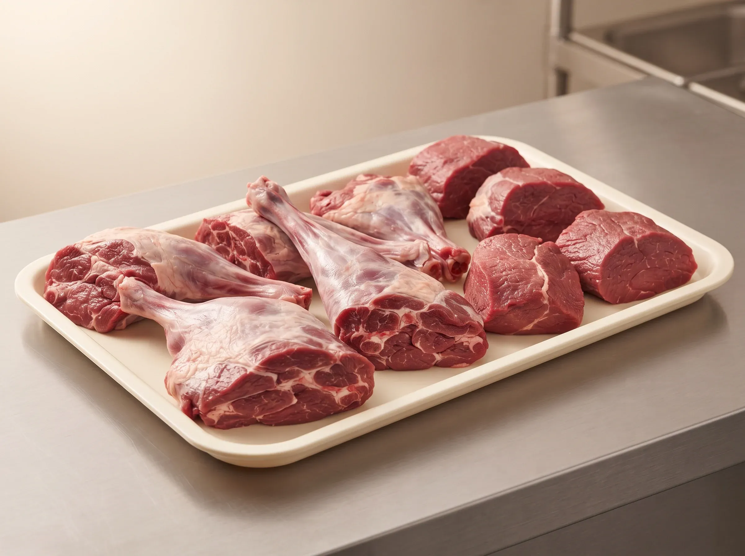 Raw goat meat — bone-in legs and boneless pieces — on a cream tray on a stainless counter.