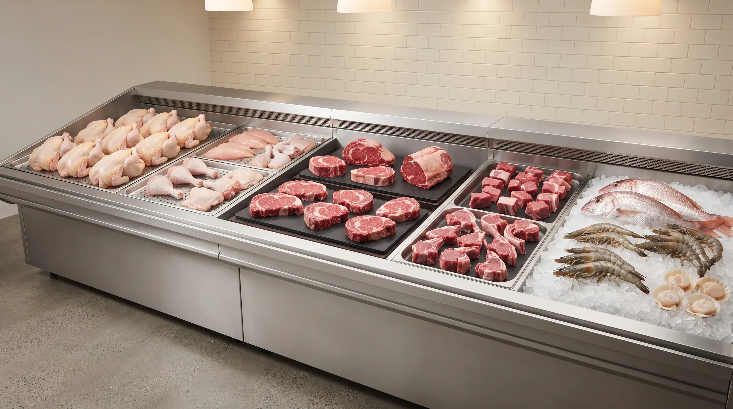 A stainless steel display counter with whole chickens and chicken pieces, beef steaks on dark boards, diced red meat and fish, prawns and scallops on ice.