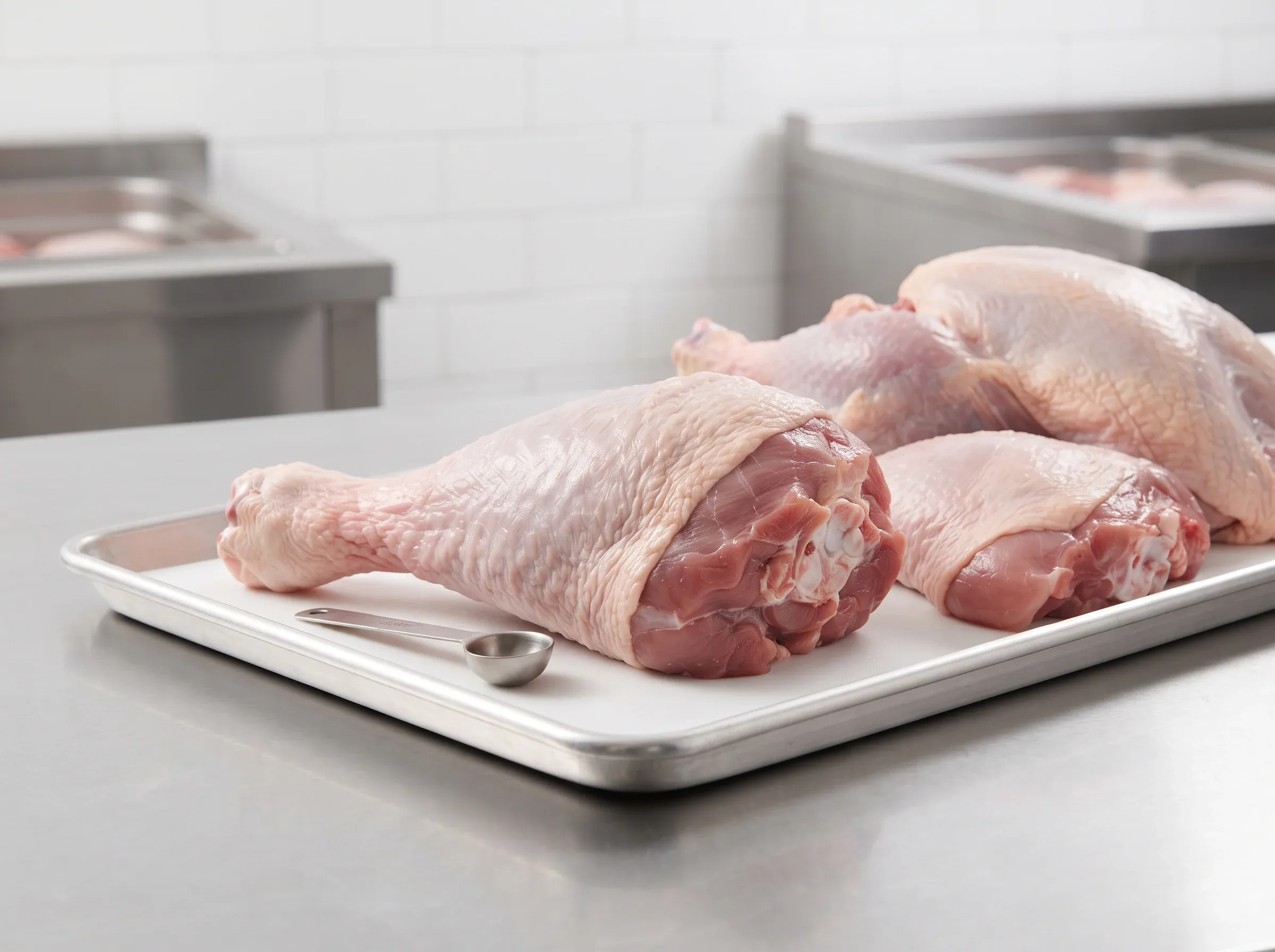 A large raw turkey drumstick on a steel tray beside a small measuring spoon for scale, with a bone-in turkey breast and a thigh behind it.