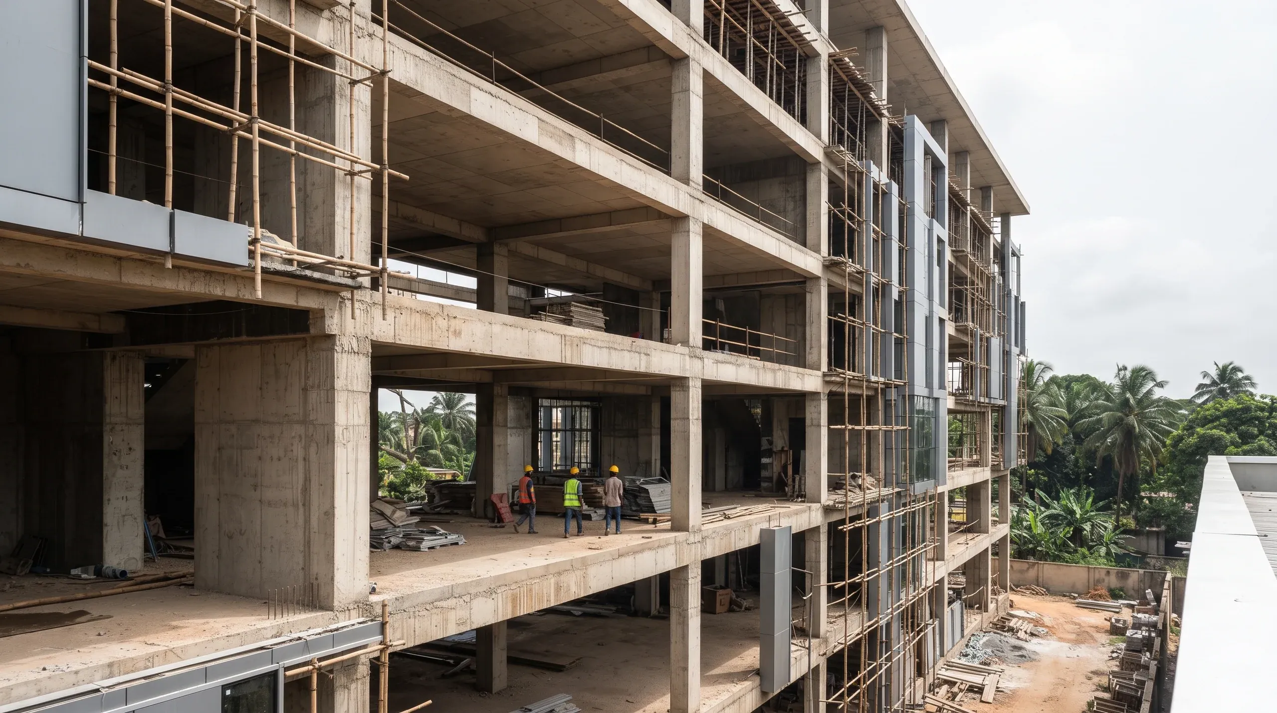 A multi-storey concrete-frame building under construction, wrapped in bamboo scaffolding, with three workers in hard hats on an open floor.