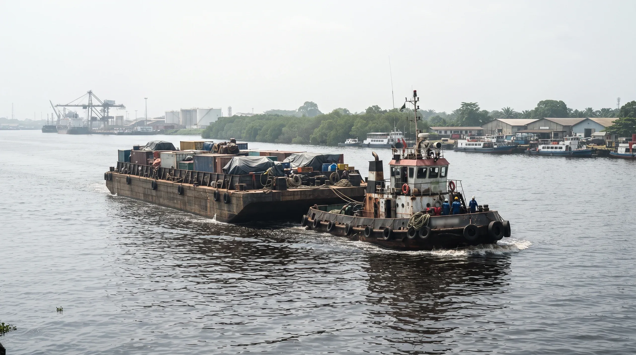A tug pushing a laden barge along a wide river, crew in blue coveralls on deck, port cranes and tanks in the haze behind.