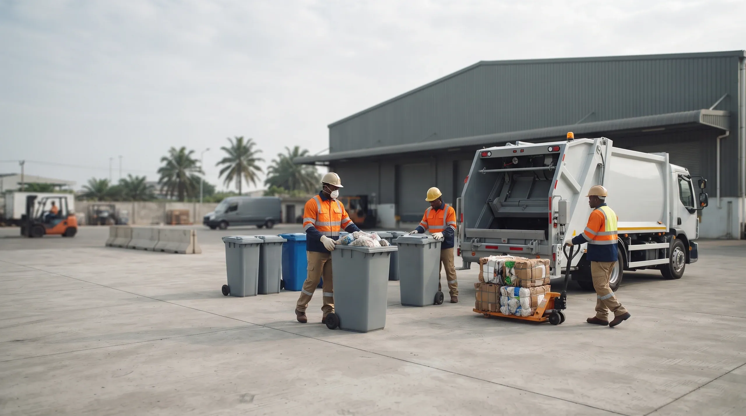 A waste-collection crew in orange hi-vis jackets and hard hats moving grey and blue wheelie bins across a yard, with a refuse compactor truck, a pallet truck of baled waste and a warehouse behind.