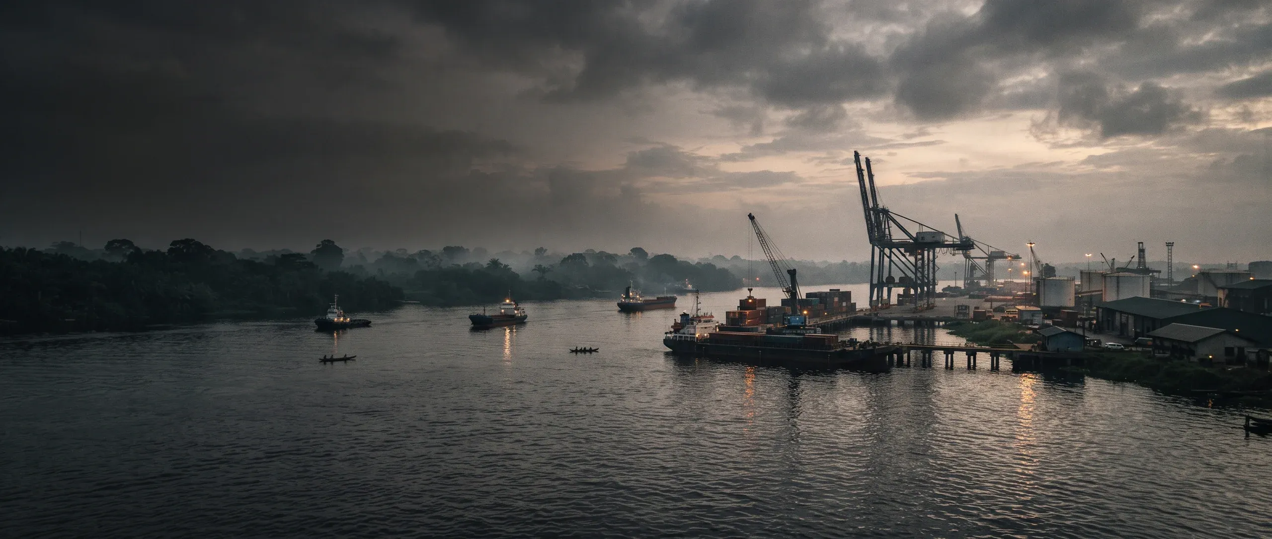 Dusk over a wide river port: tugboats and a barge on dark water, gantry cranes and storage tanks on the far bank under heavy cloud.